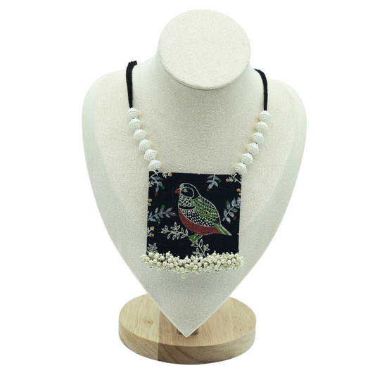 Bird Print Fabric Necklace with Pearl Detailing