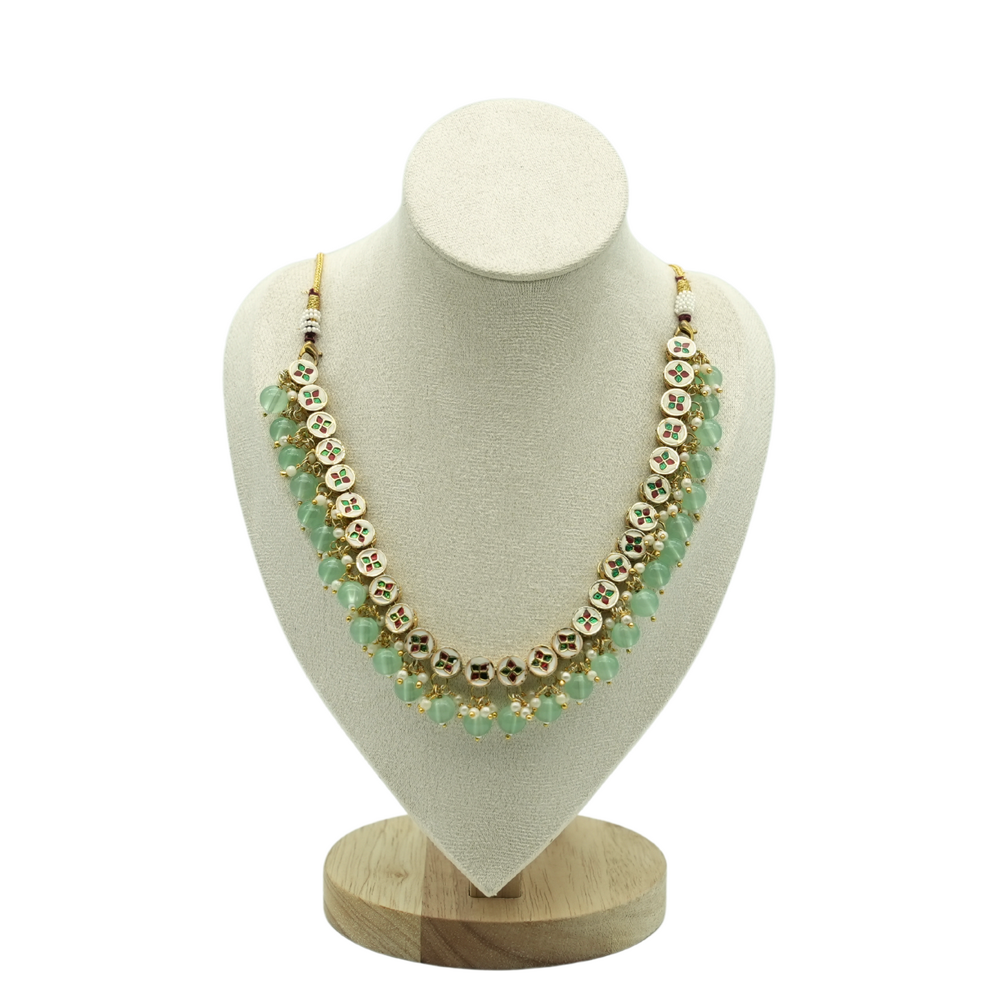 Layered Mint Green Beaded Necklace with Enamel Accents