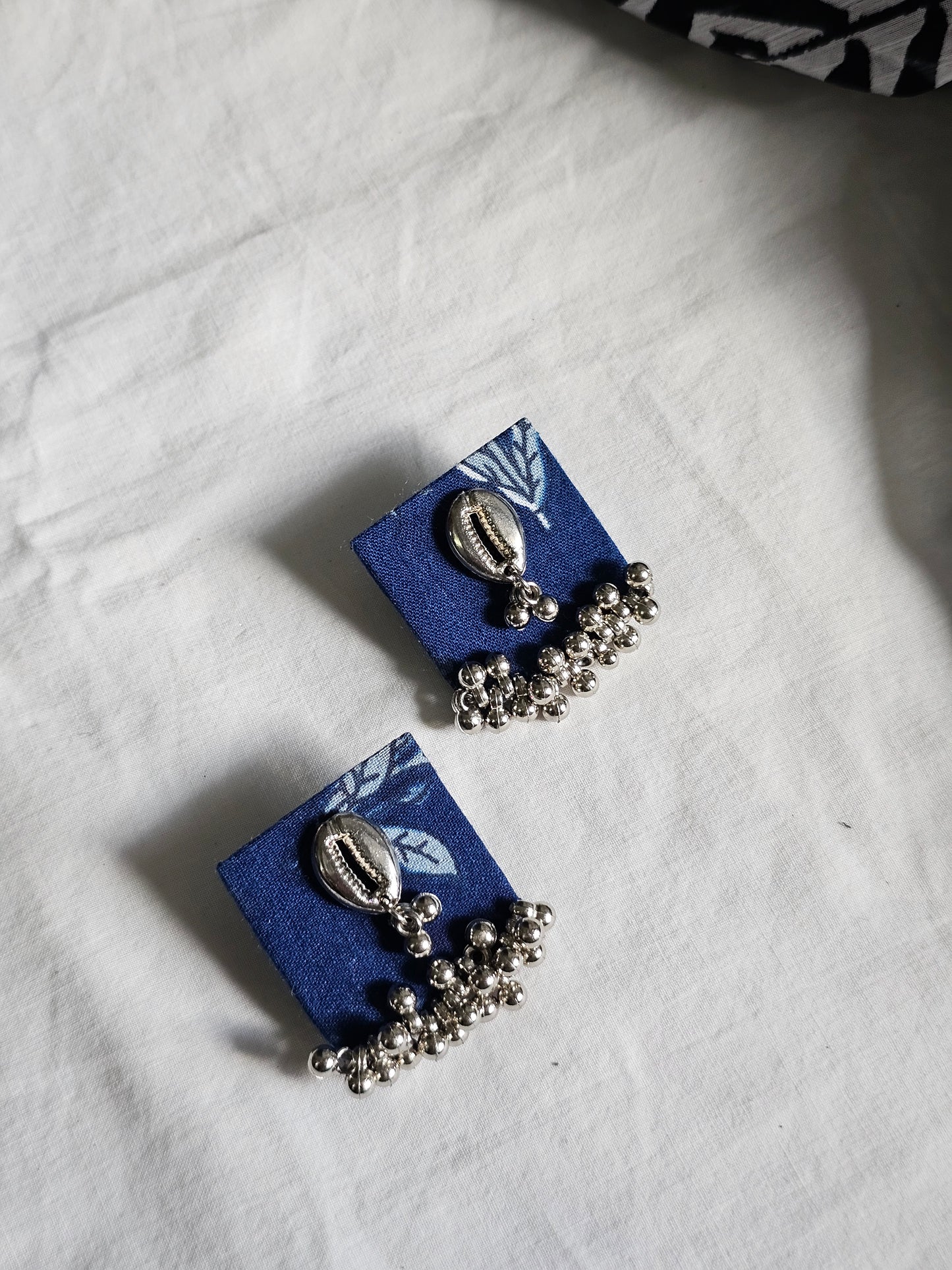 Blue Floral Fabric Necklace with Silver Cowrie Shells and Bead Detailing