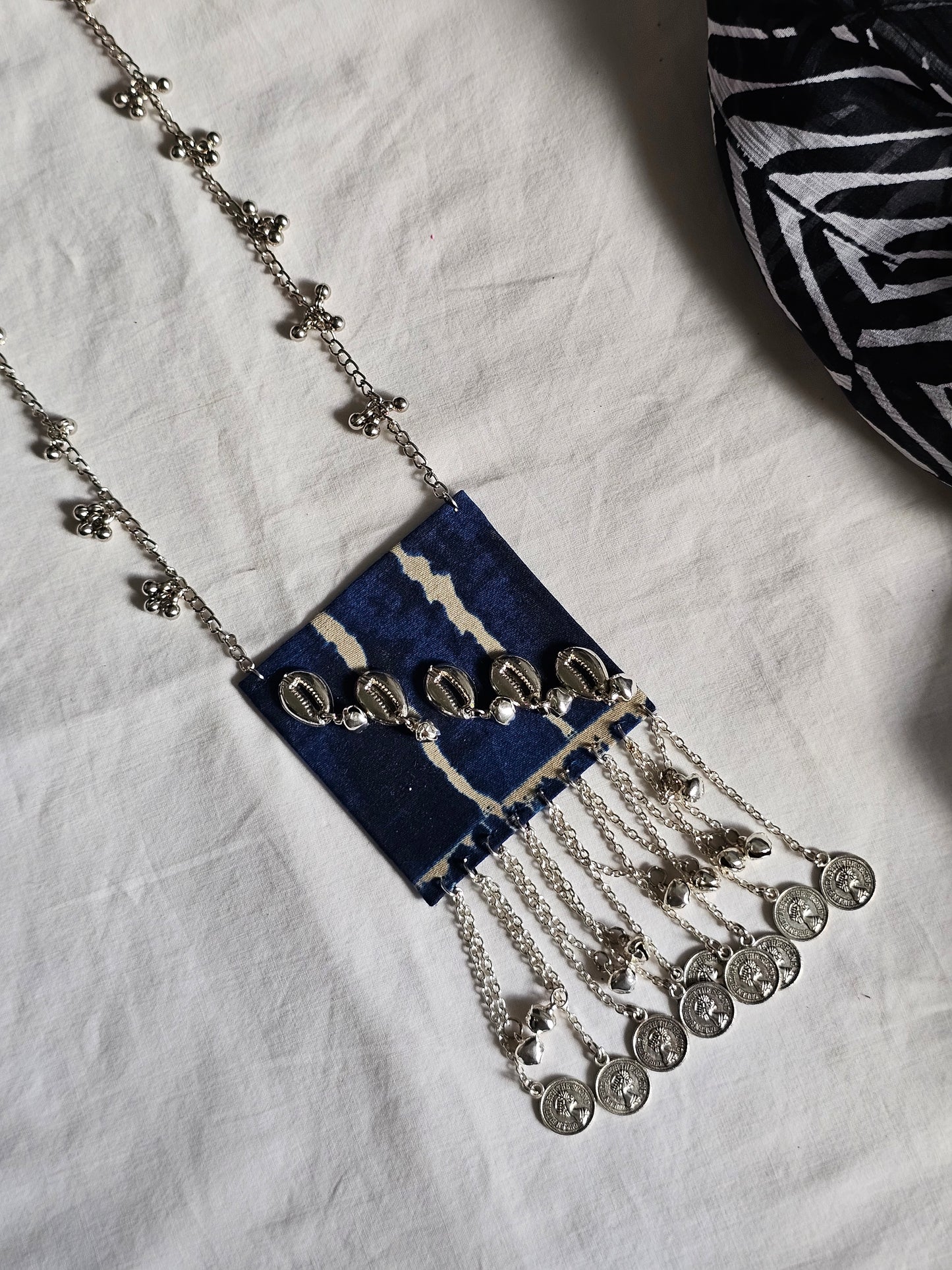 Tribal Fabric Necklace with Silver Cowrie Shells and Coin Chains