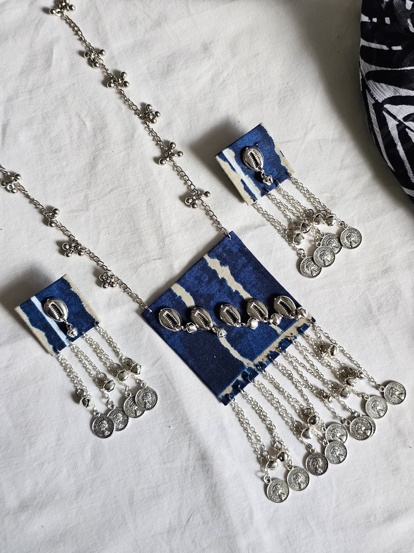 Tribal Fabric Necklace with Silver Cowrie Shells and Coin Chains