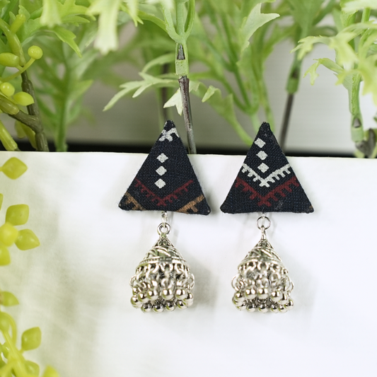 Ethnic Triangle Fabric Earrings with Silver Jhumka