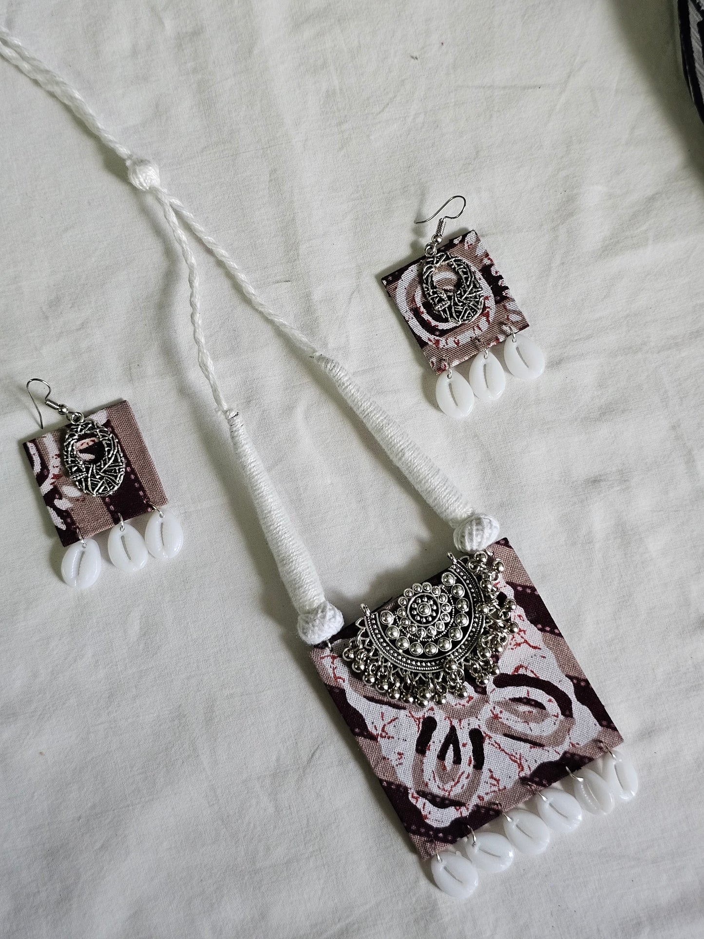 Bohemian Fabric Necklace with Silver Pendant and Cowrie Shells