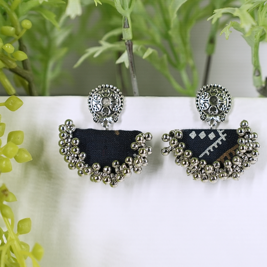 Half-Moon Fabric Earrings with Silver Bead Detailing