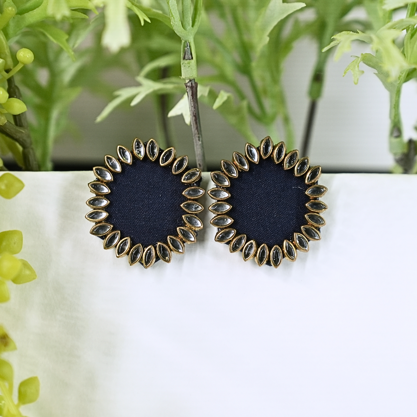 Round Fabric Earrings with Gold Petal Border