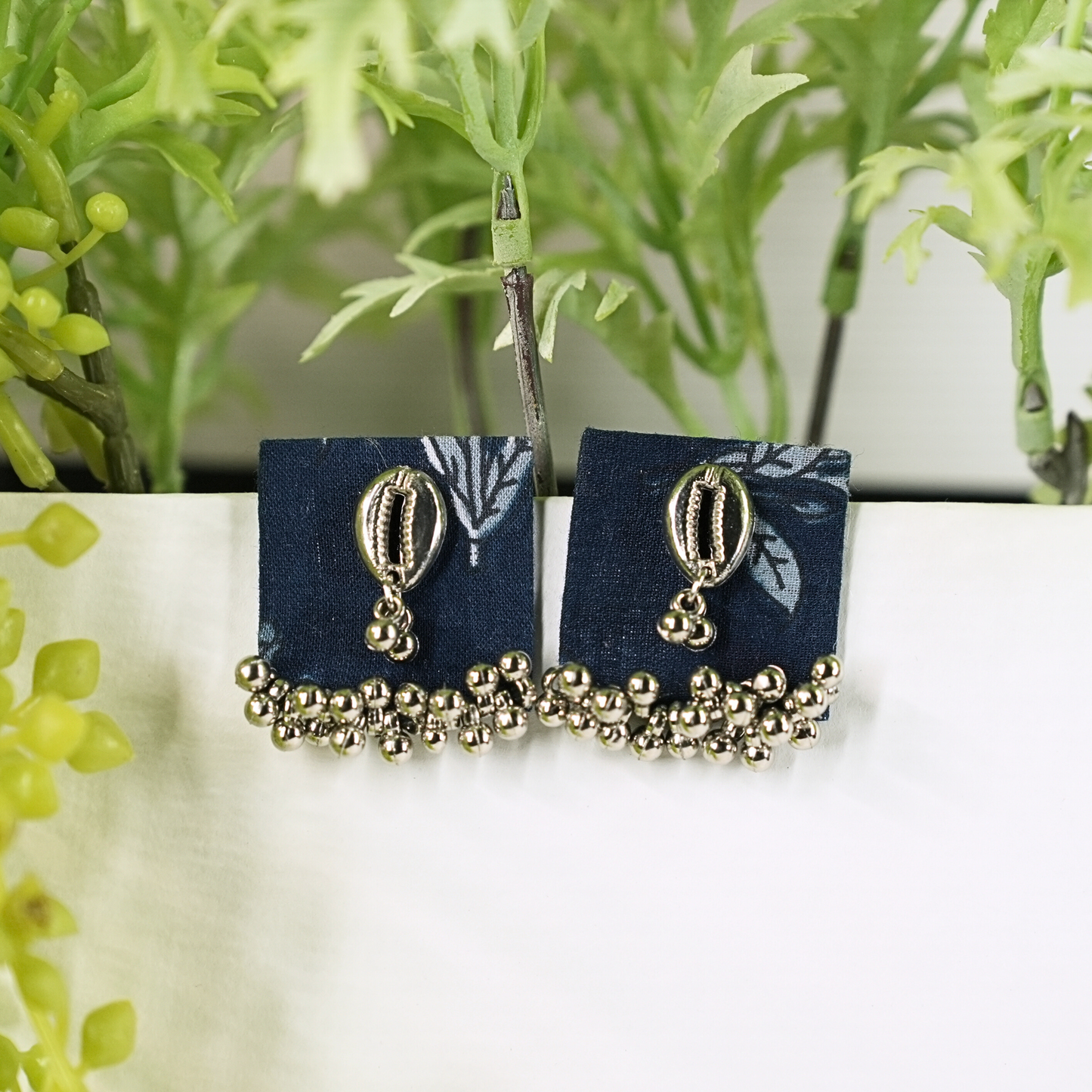 Rectangular Fabric Earrings with Silver Cowrie and Bead Detail