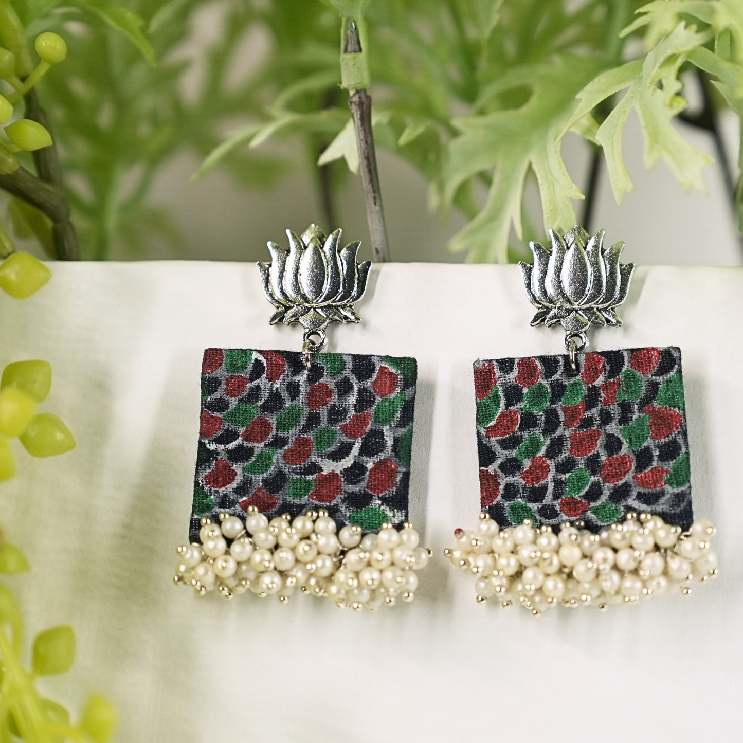 Floral Fabric Earrings with Pearl Fringe and Lotus Stud