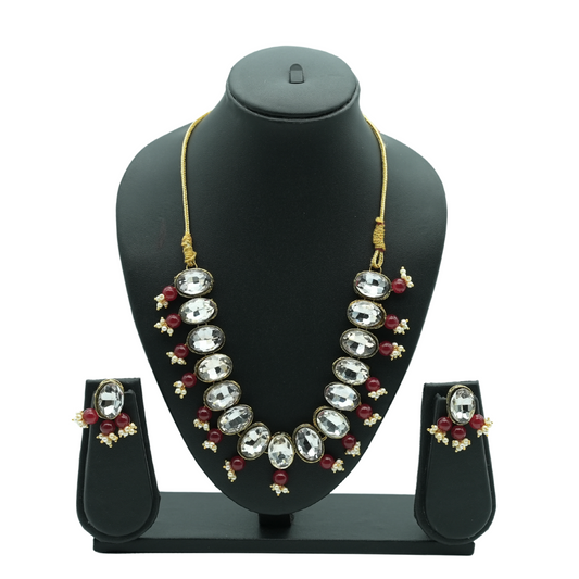 Kundan Necklace Set with Red Bead Accents