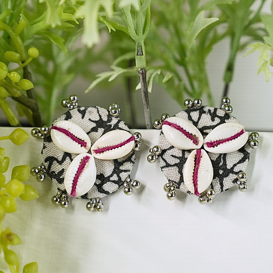 Round Fabric Earrings with Cowrie Shells and Silver Beads