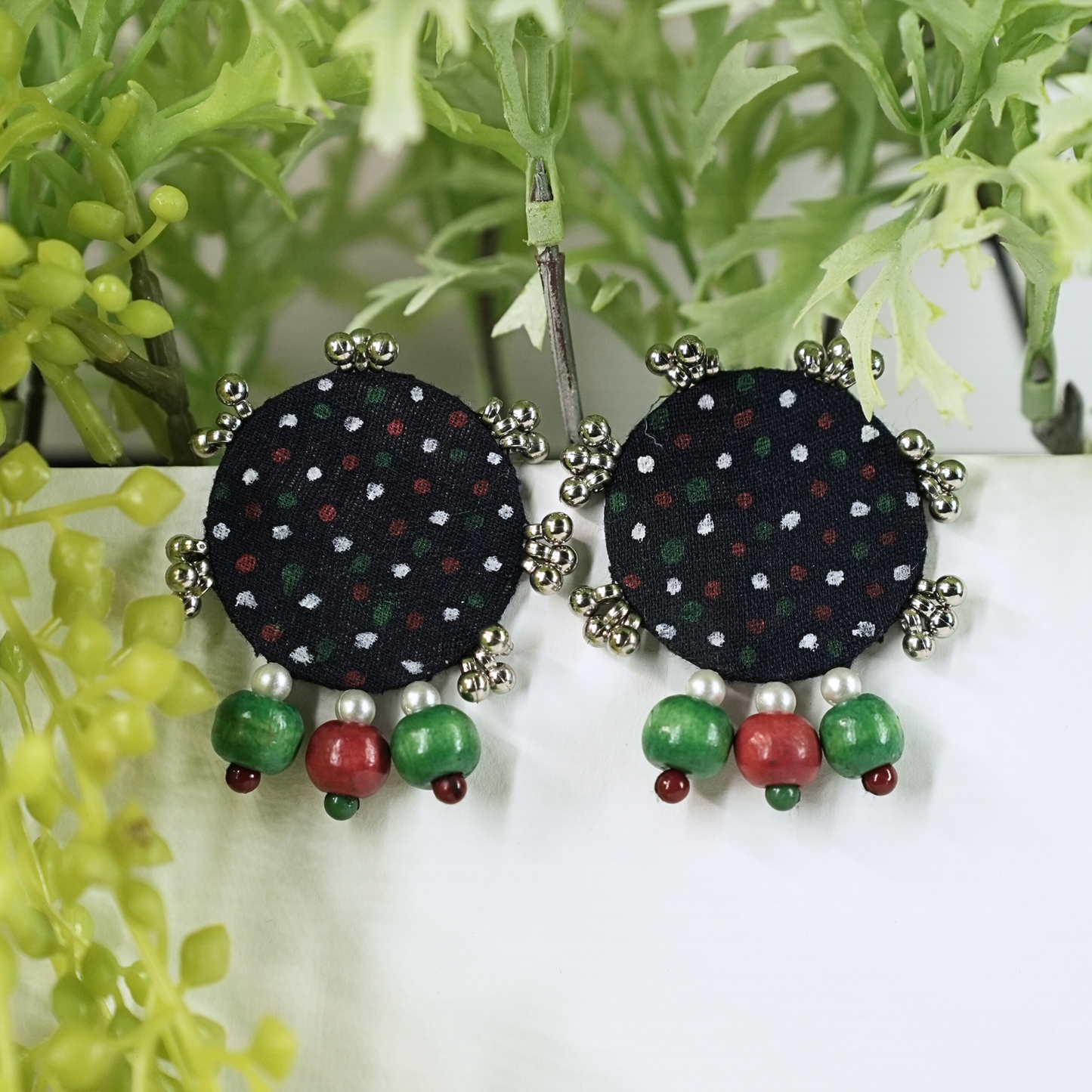 Polka Dot Fabric Earrings with Colorful Bead Dangles