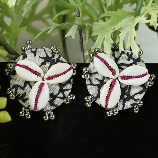 Black and White Fabric Earrings with Cowrie Shells and Silver Beads