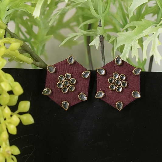 Burgundy Hexagon Fabric Earrings with Gold Studded Accents