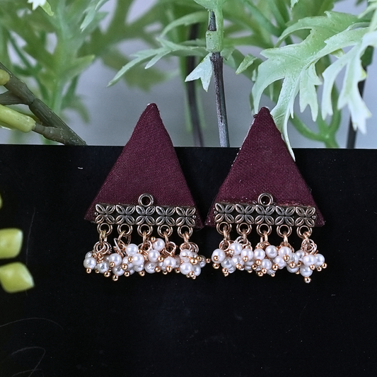 Burgundy Triangle Fabric Earrings with Pearl Tassels