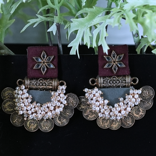 Vintage-Inspired Fabric Earrings with Coin and Pearl Details