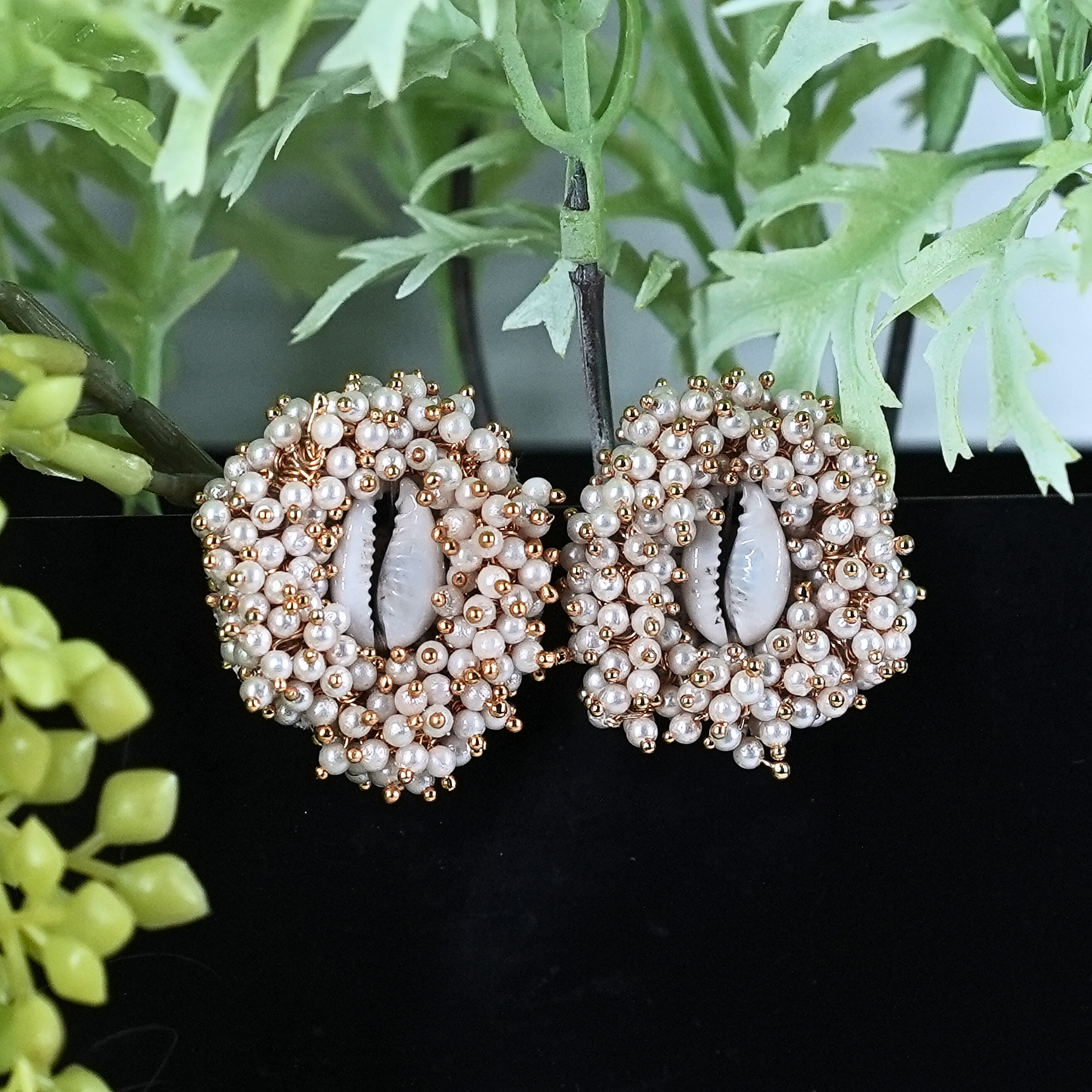 Pearl Cluster Earrings with Central Cowrie Shell