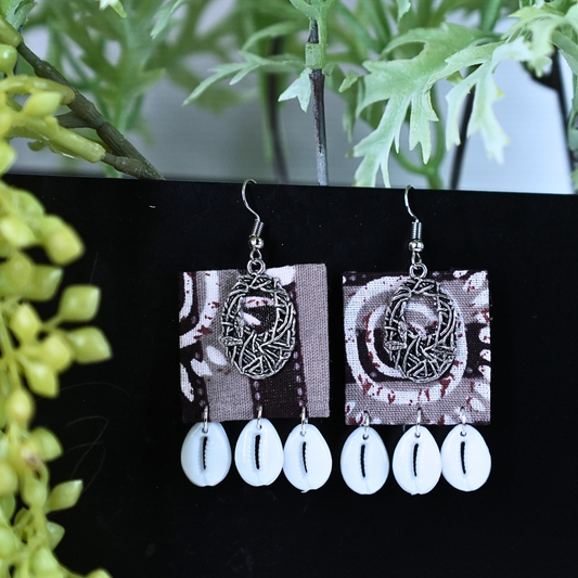 Tribal Fabric Earrings with Silver Charm and Cowrie Shells