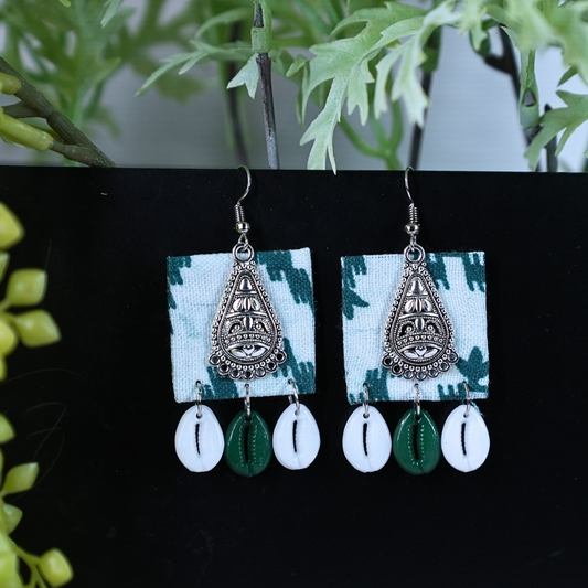 Boho Fabric Earrings with Silver Teardrop Charm and Cowrie Shells