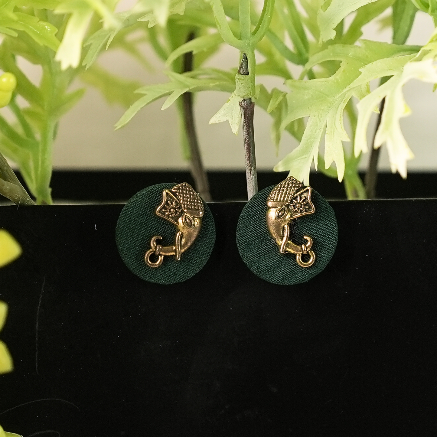 Green Fabric Earrings with Gold Tribal Mask Charm