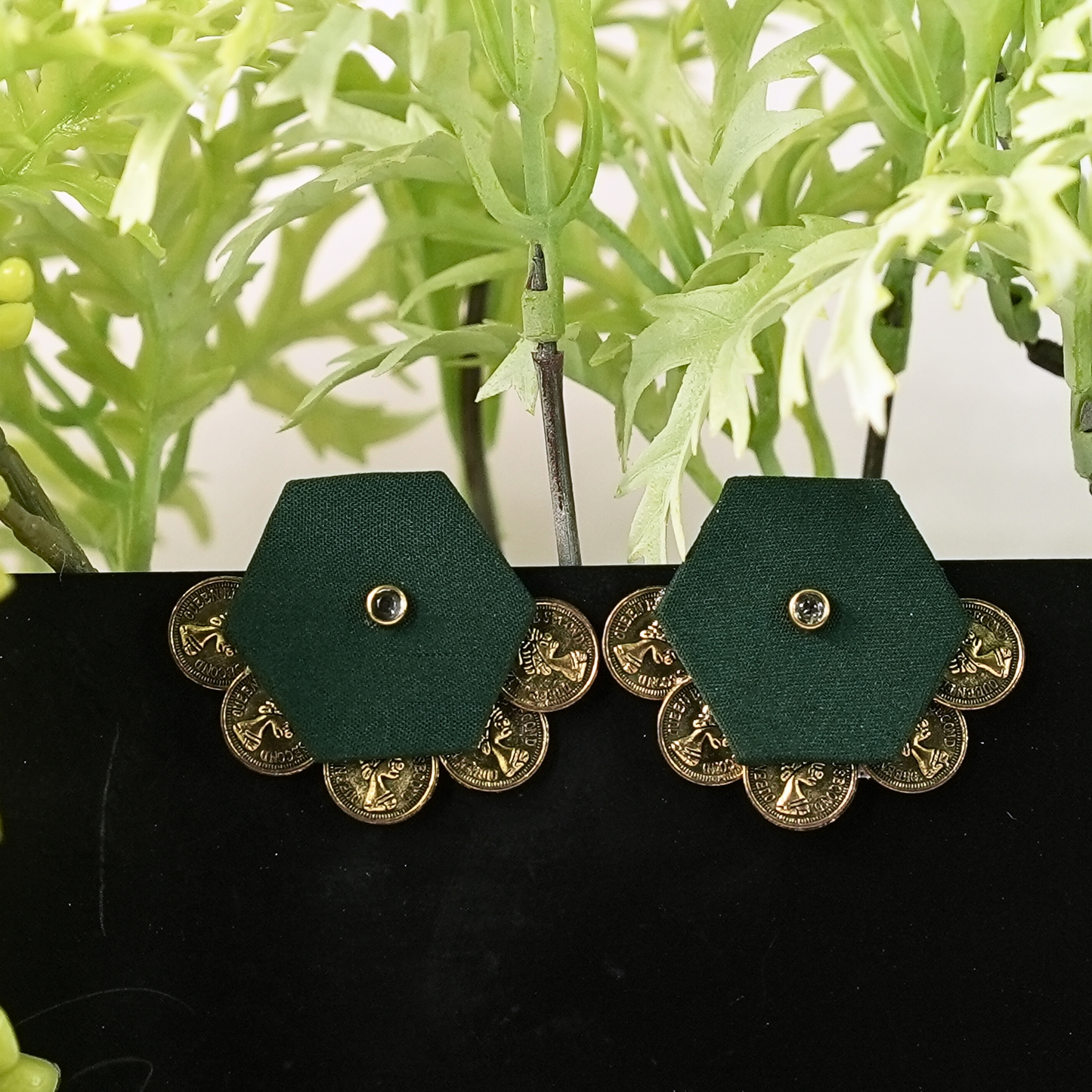 Green Hexagon Fabric Earrings with Gold Coin Accents