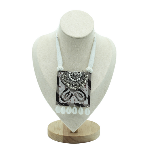 Bohemian Fabric Necklace with Silver Pendant and Cowrie Shells