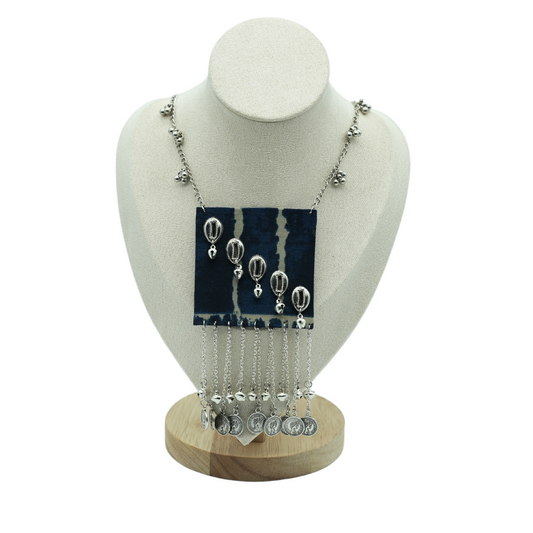 Tribal Fabric Necklace with Silver Cowrie Shells and Coin Chains