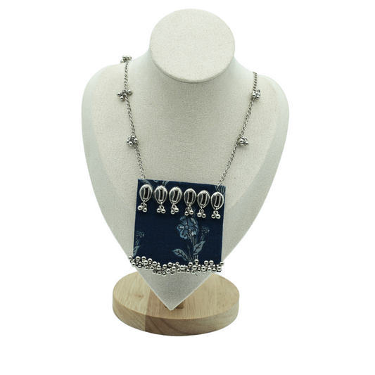 Blue Floral Fabric Necklace with Silver Cowrie Shells and Bead Detailing