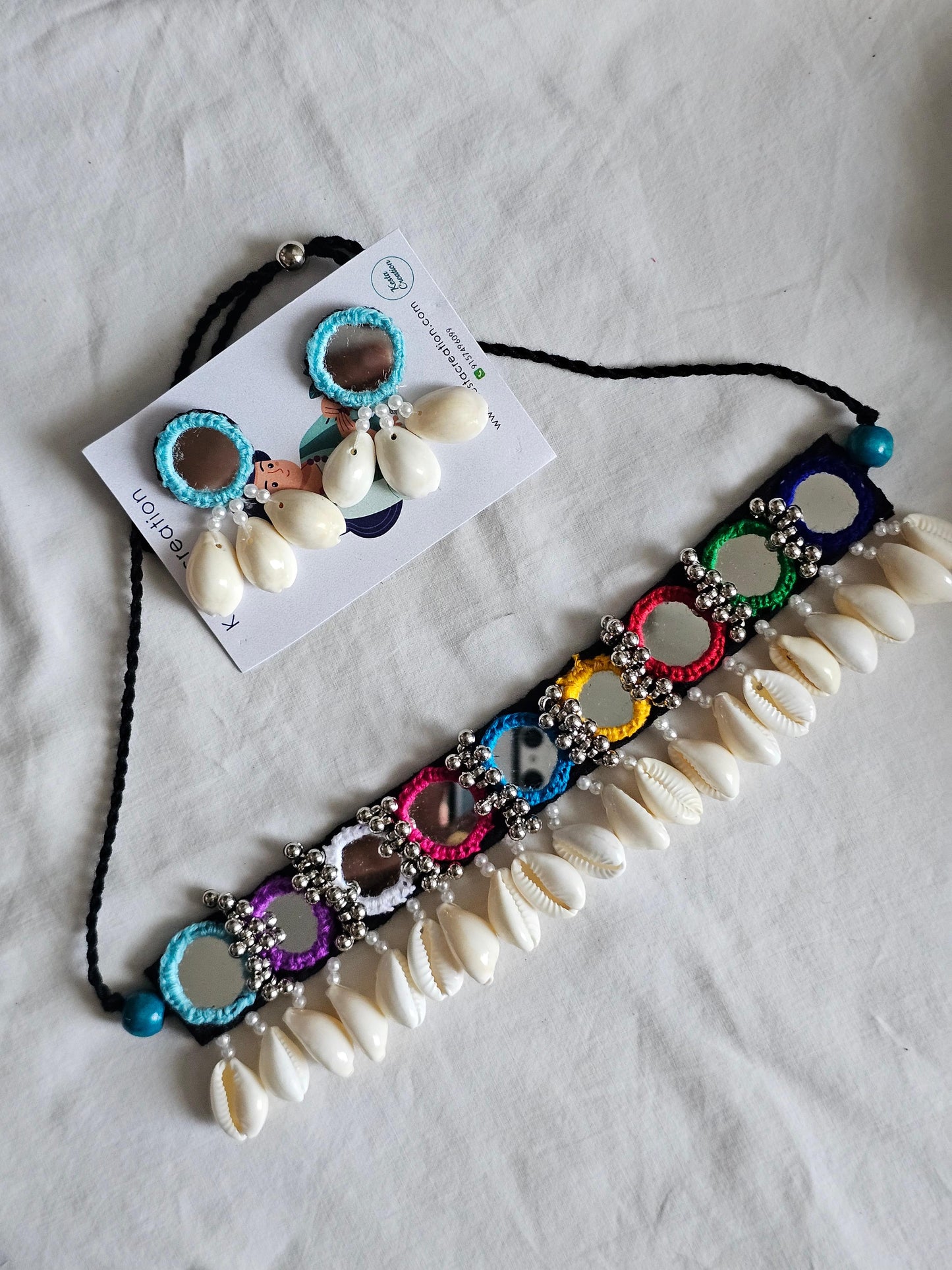 Handmade Shell & Mirror Work Jewellery Set - Choker & Earrings