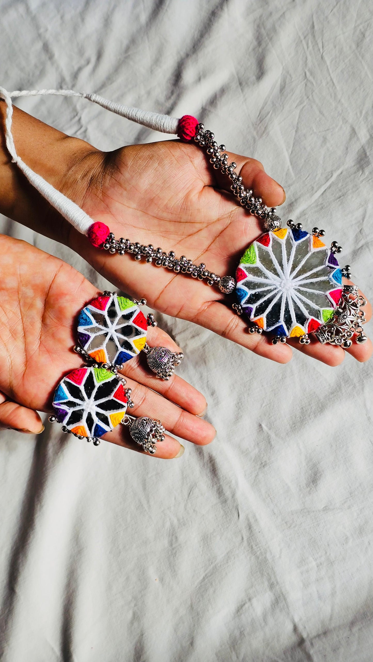 Handmade Multicolor Mirror Work Jewellery Set - Necklace & Earrings