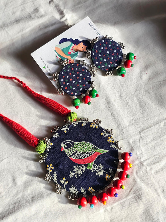 Handmade Bird Motif Fabric Jewellery Set - Necklace & Earrings