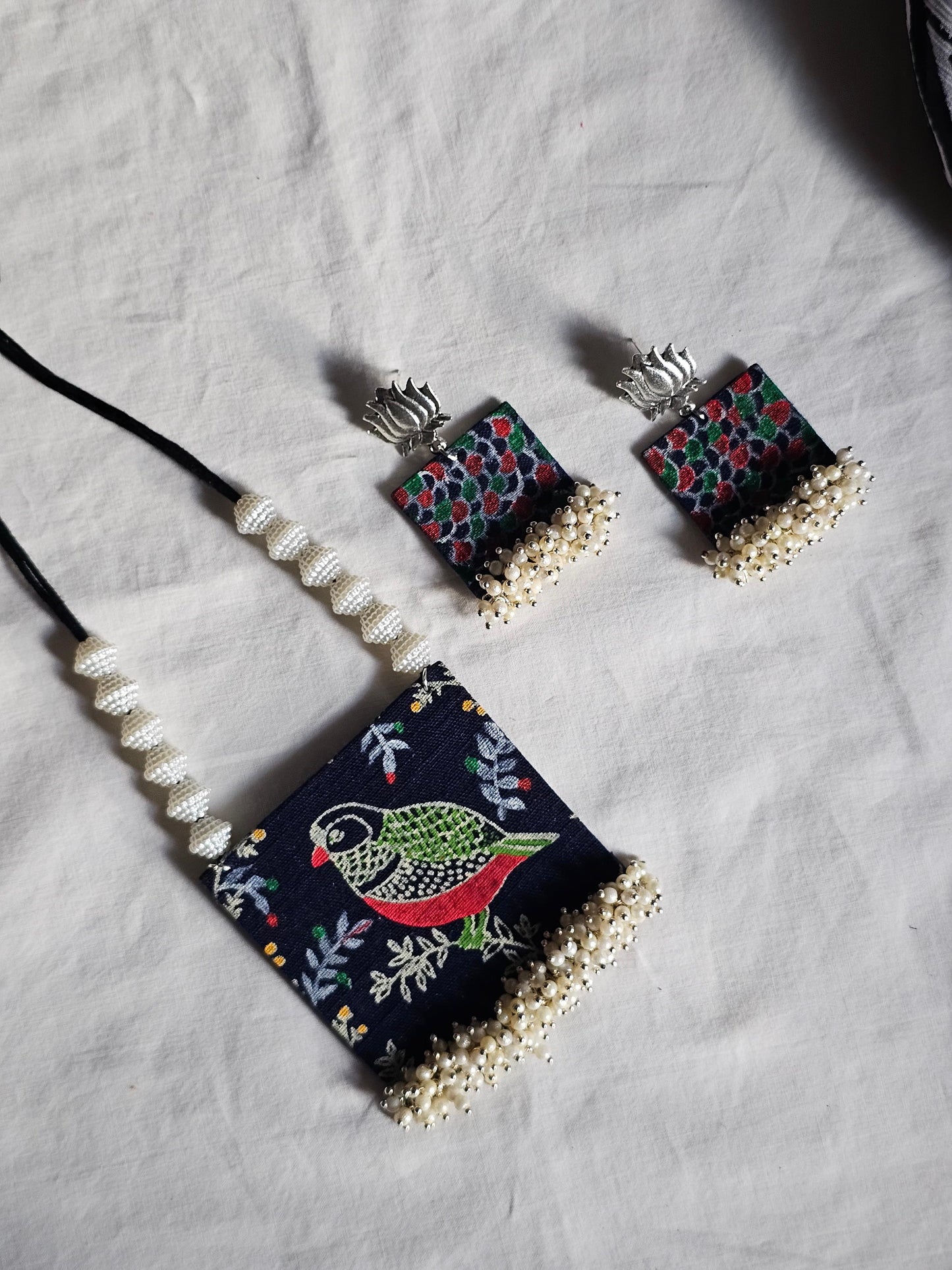 Handmade Bird Design Fabric Jewellery Set - Necklace & Earrings