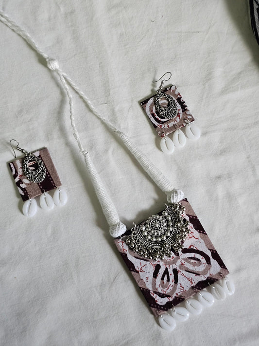 Handmade Brown Fabric Jewellery Set - Necklace & Earrings