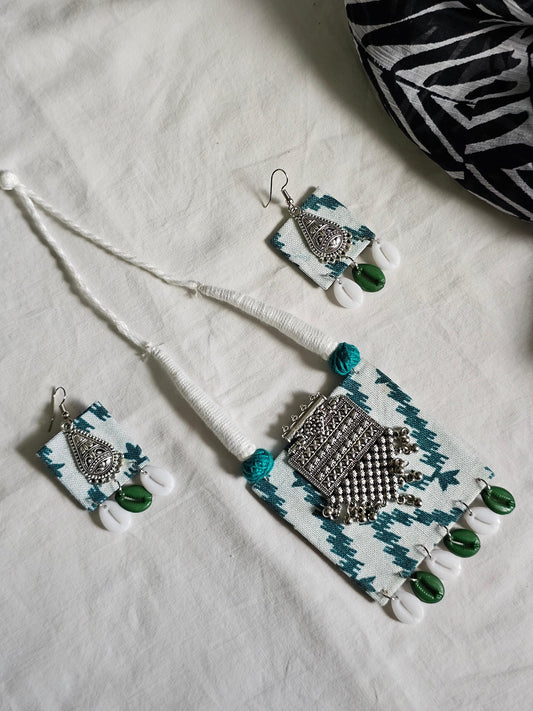 Handmade White & Green Fabric Jewellery Set - Necklace & Earrings