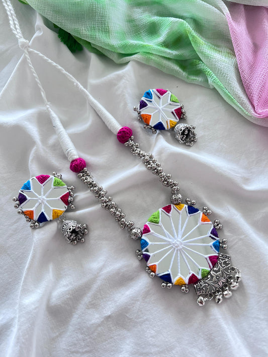 Handmade Multicolor Mirror Work Jewellery Set - Necklace & Earrings