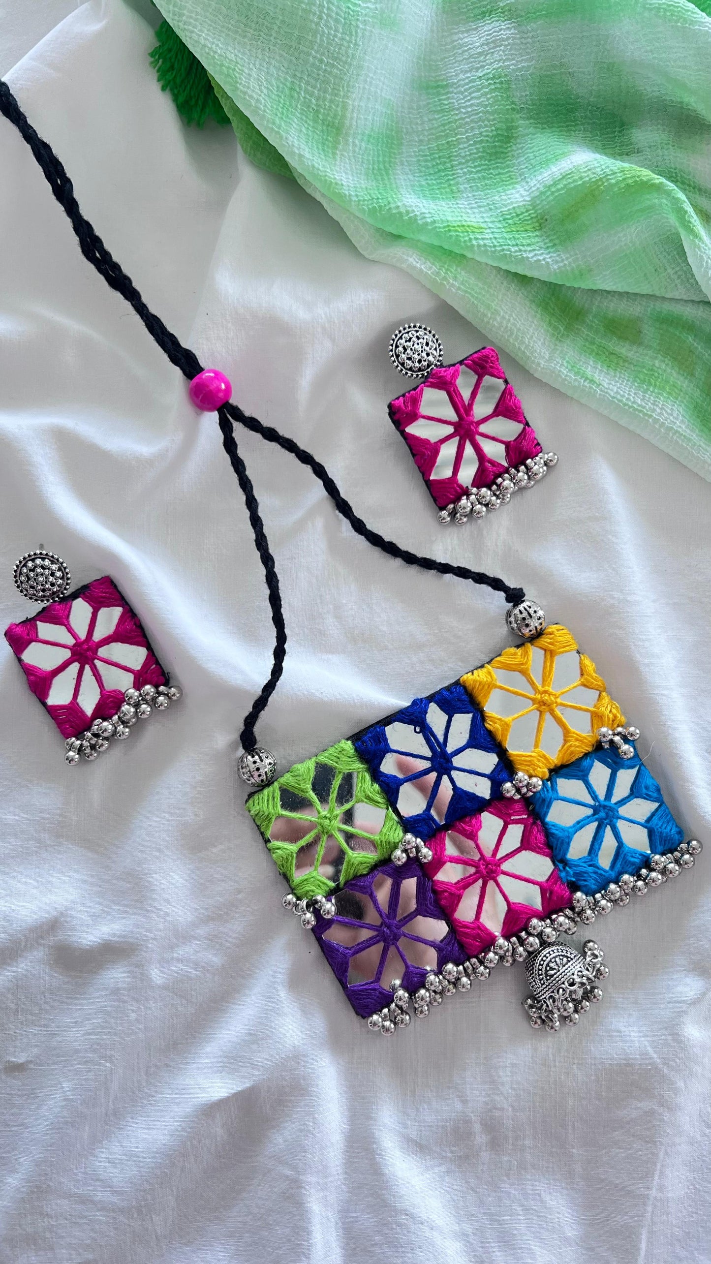 Handmade Multi-Color Mirror Work Jewellery Set - Necklace & Earrings