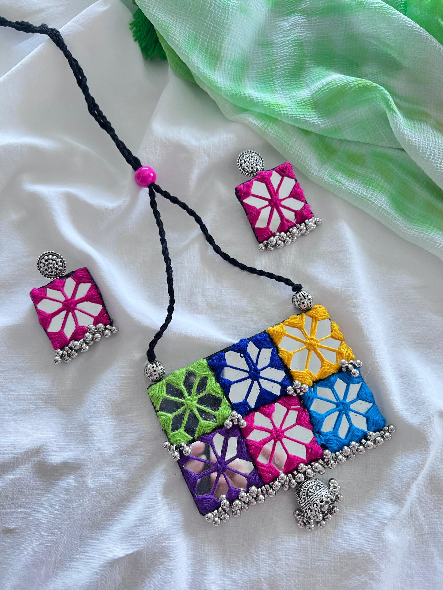 Handmade Multi-Color Mirror Work Jewellery Set - Necklace & Earrings