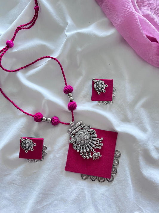 Handmade Pink Fabric Jewellery Set - Necklace & Earrings