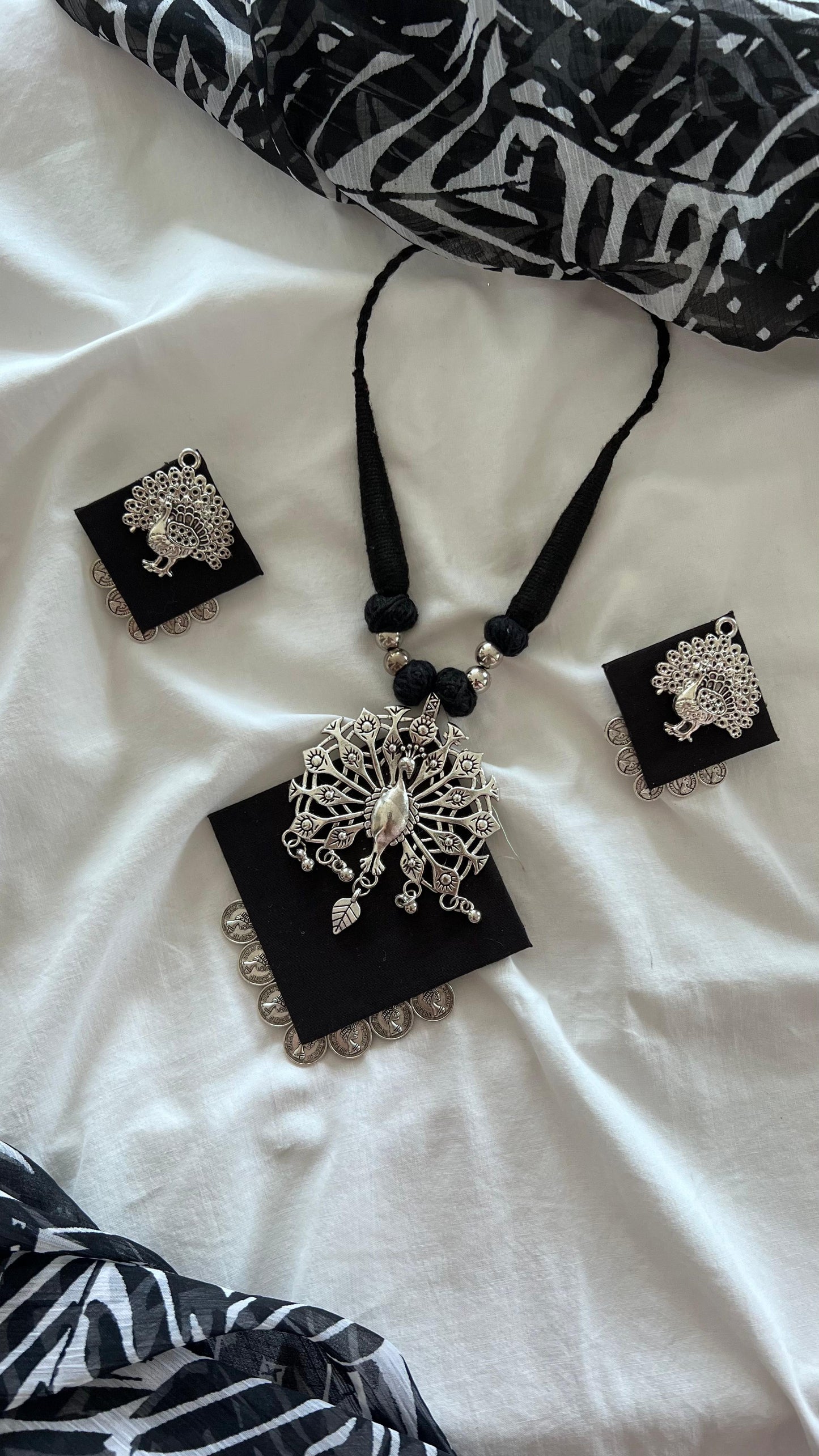 Handmade Black Fabric Jewellery Set - Necklace & Earrings