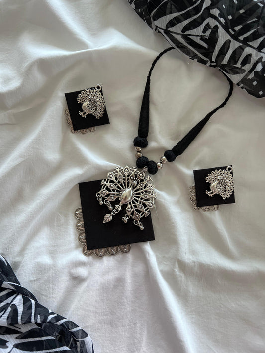 Handmade Black Fabric Jewellery Set - Necklace & Earrings