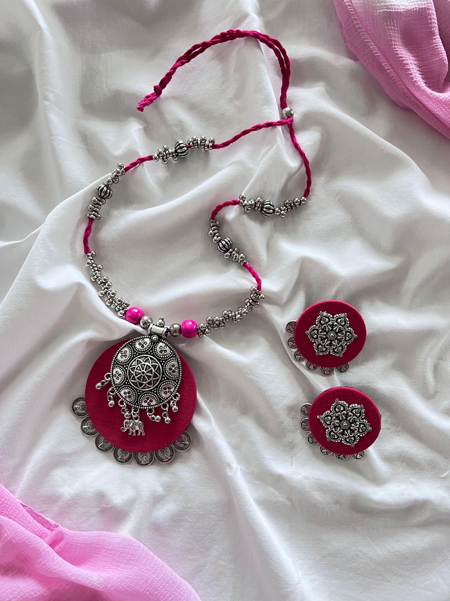 Handmade Red Fabric Jewellery Set - Necklace & Earrings