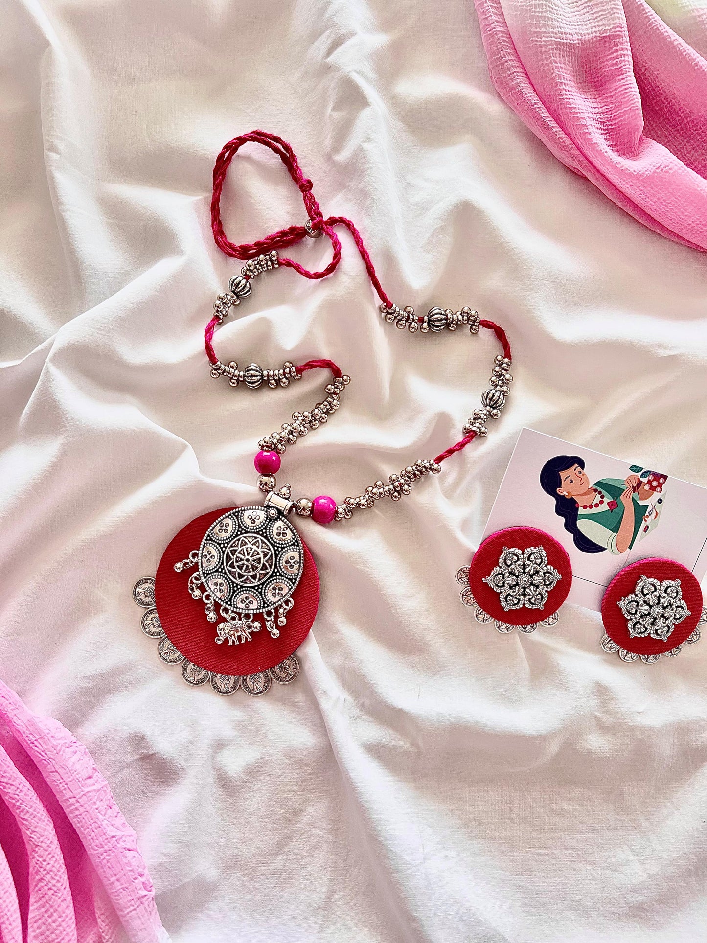 Handmade Red Fabric Jewellery Set - Necklace & Earrings