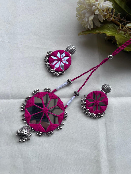 Handmade Pink Mirror Work Jewellery Set - Necklace & Earrings