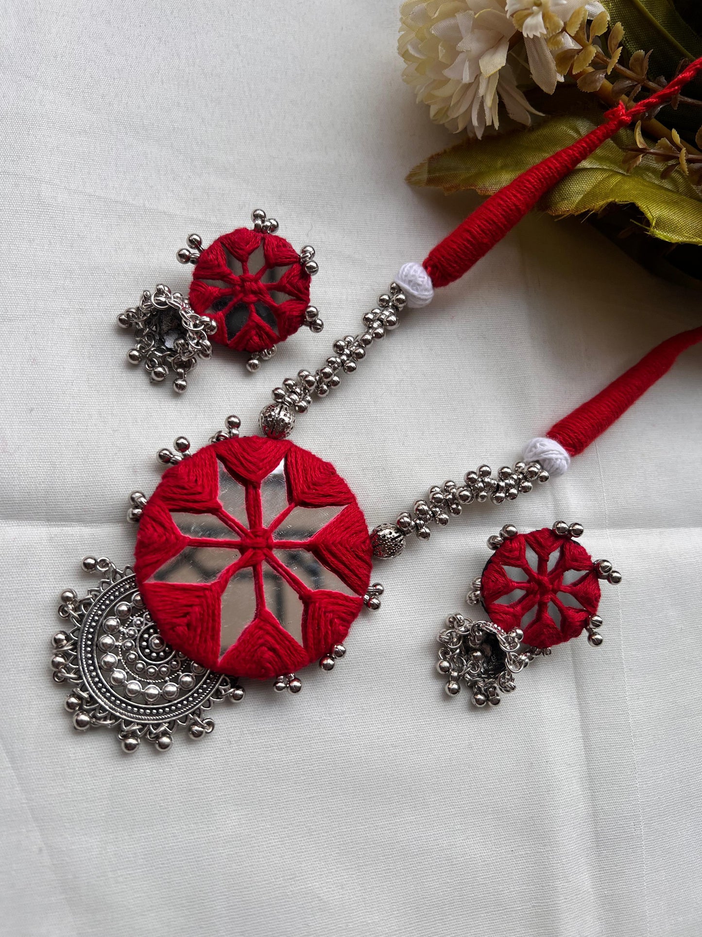 Handmade Red Mirror Work Jewellery Set - Necklace & Earrings