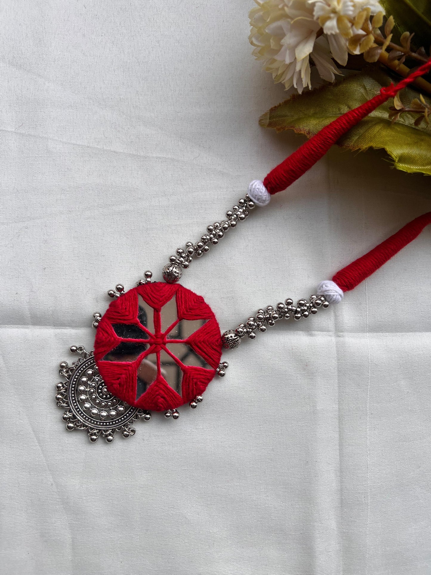 Handmade Red Mirror Work Jewellery Set - Necklace & Earrings