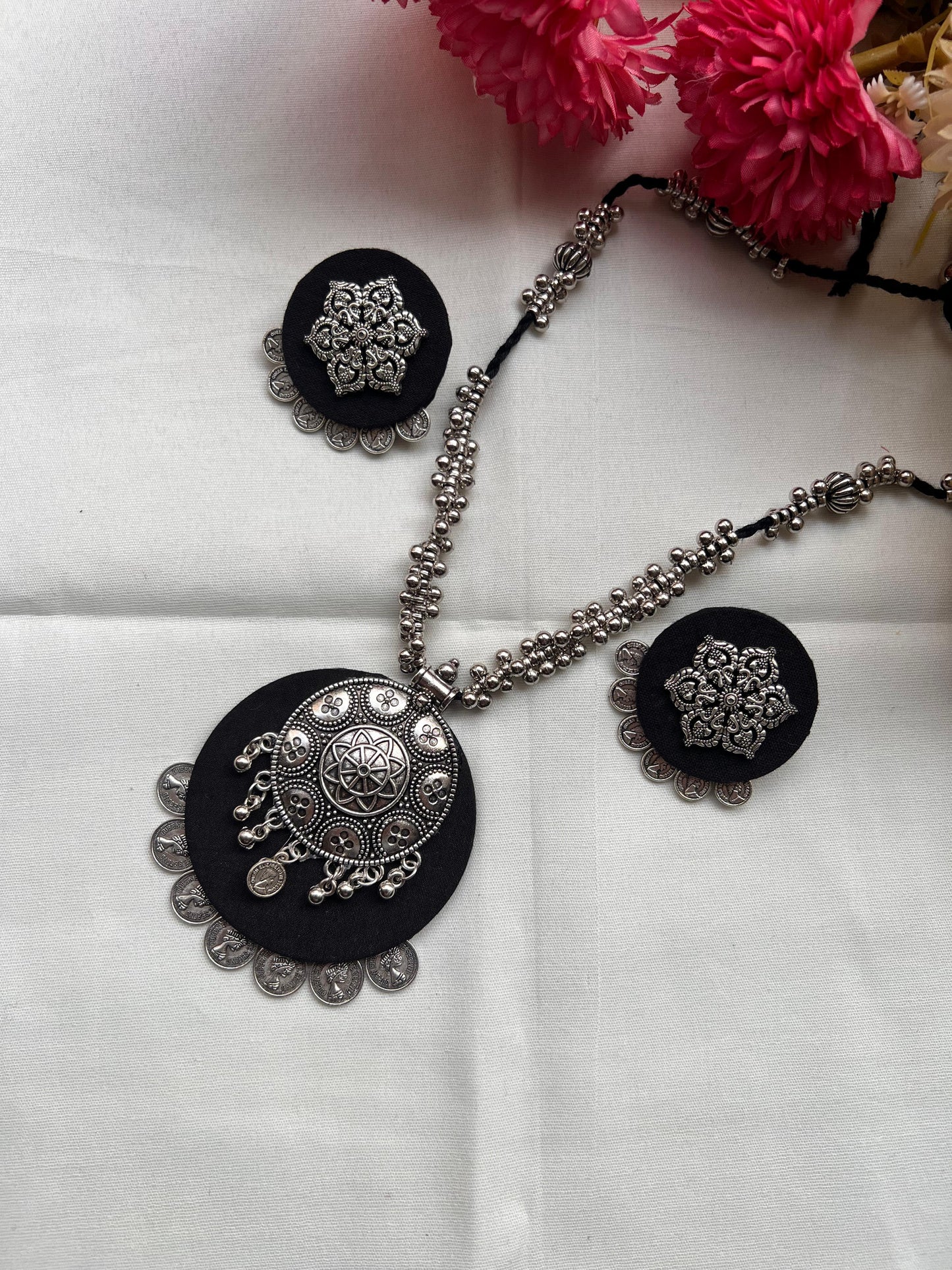 Handmade Black & Silver Fabric Jewellery Set - Necklace & Earrings