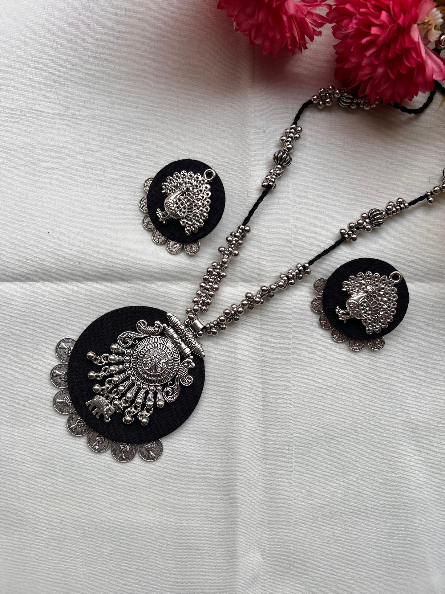 Handmade Black & Silver Peacock Pendant Jewellery Set - Necklace & Earrings