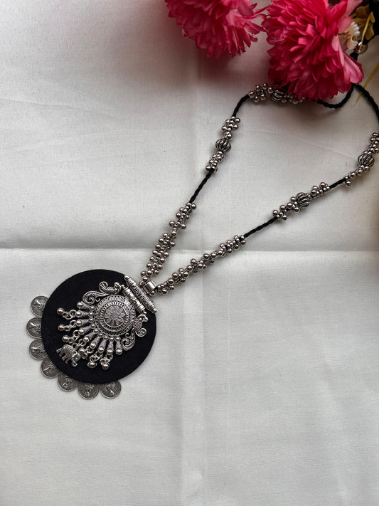 Handmade Black & Silver Peacock Pendant Jewellery Set - Necklace & Earrings