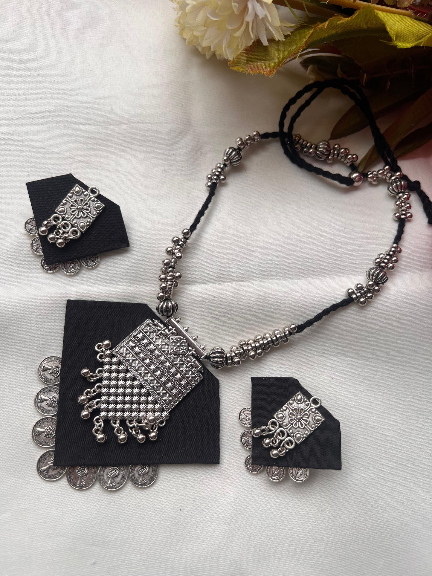 Handmade Black & Silver Geometric Pendant Jewellery Set - Necklace & Earrings