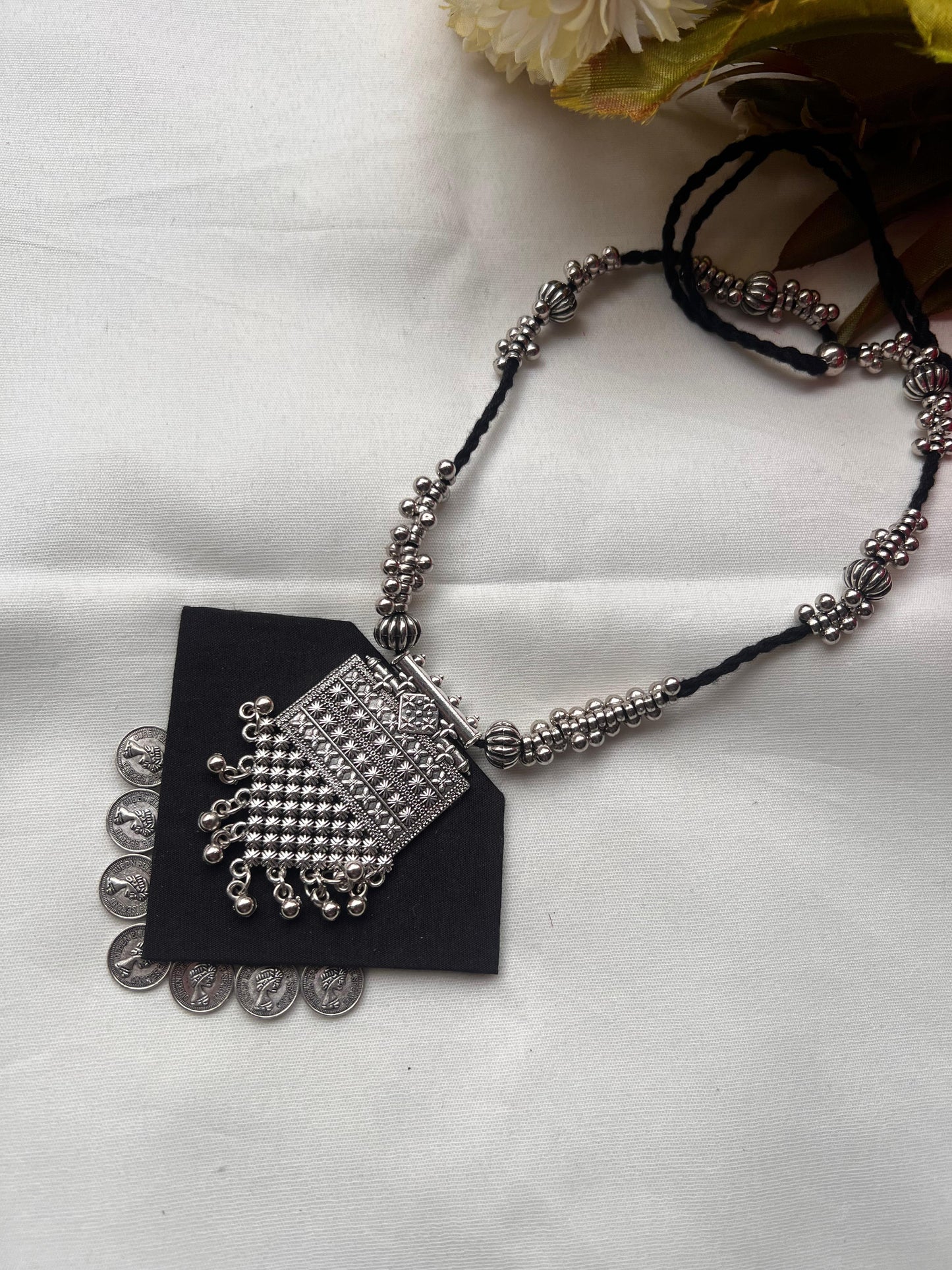 Handmade Black & Silver Geometric Pendant Jewellery Set - Necklace & Earrings