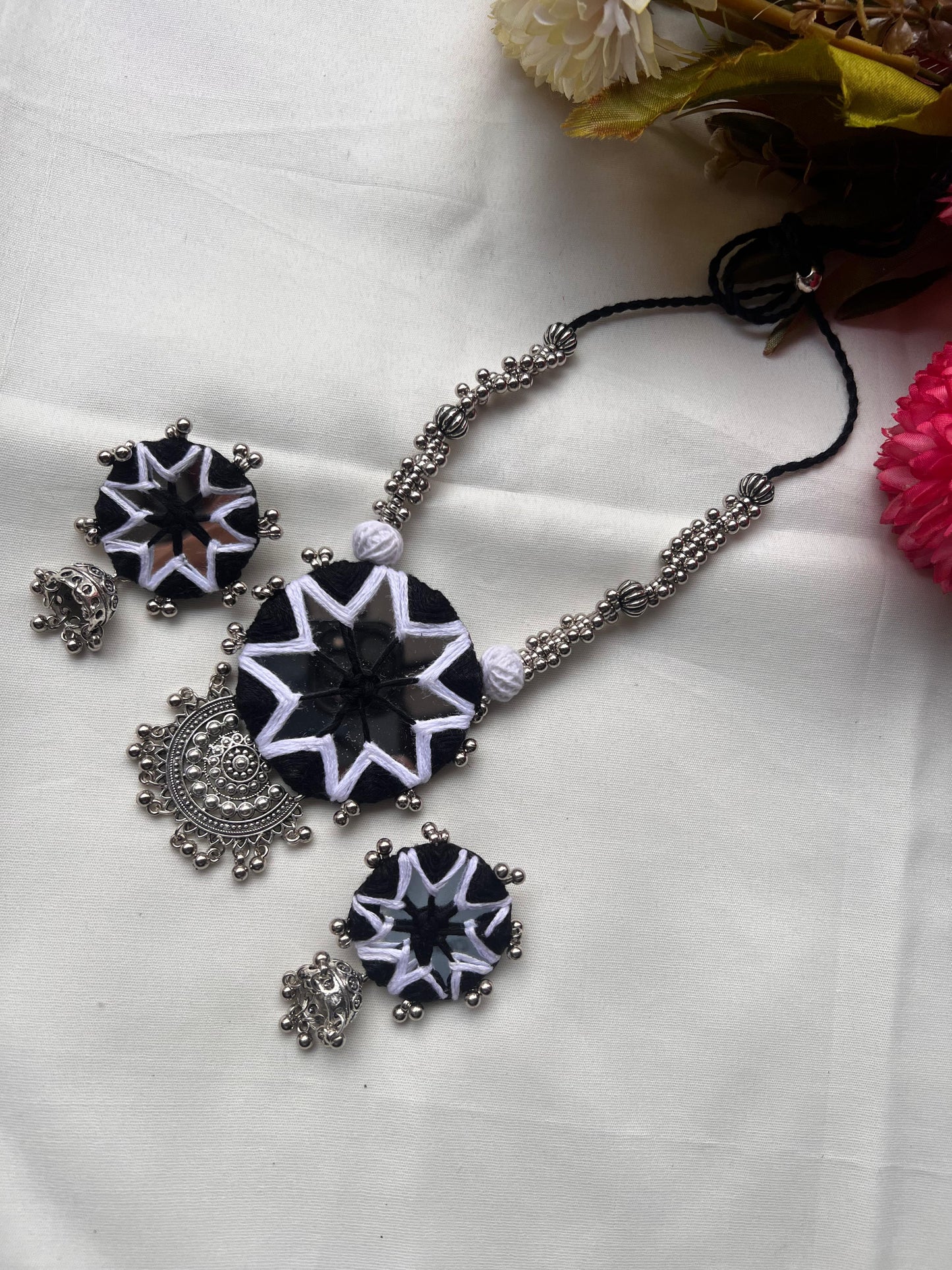 Black & White Mirrorwork Jewellery Set - Handmade Necklace & Earrings