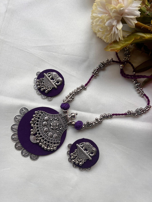 Purple Elephant Silver Pendant Set - Handmade Necklace & Earrings